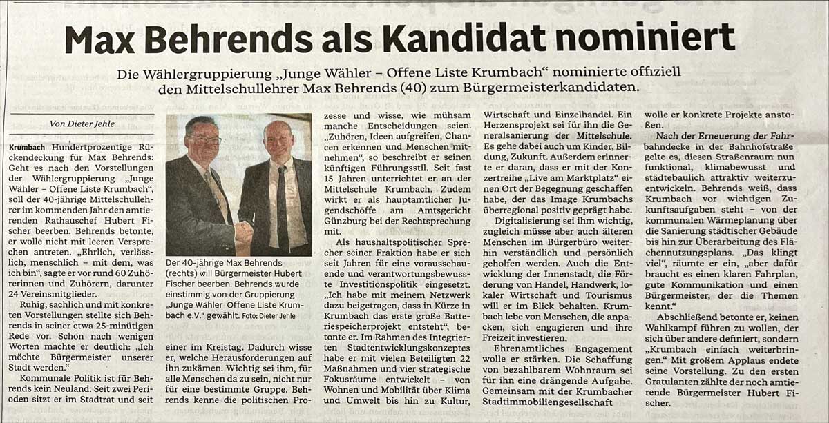 JW Offene Liste e. V. Bürgermeisterkandidat Krumbach Kommunalwahlen 2026