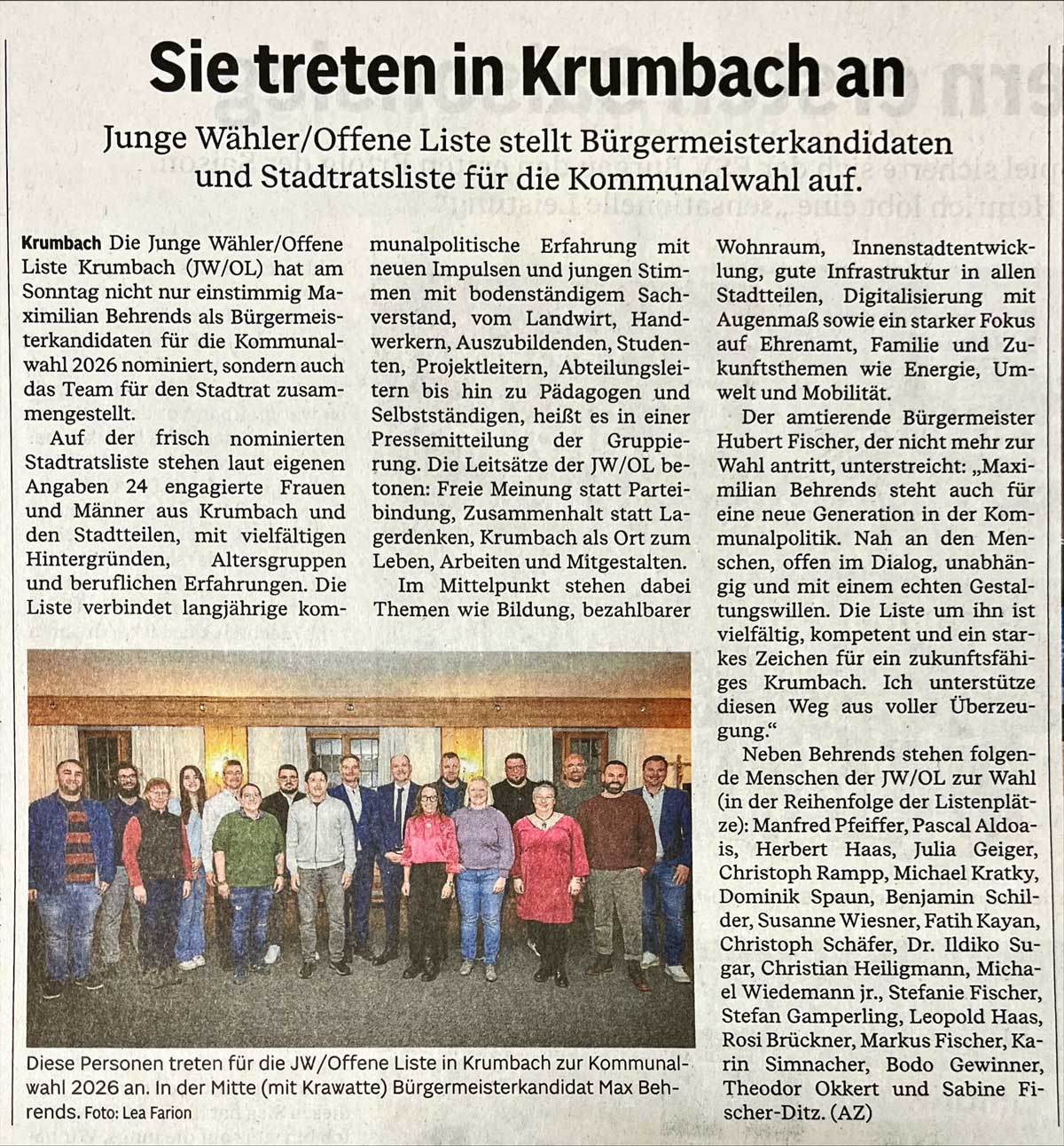 JW Offene Liste e. V. Kandidaten für den Stadtrat Krumbach Kommunalwahlen 2026