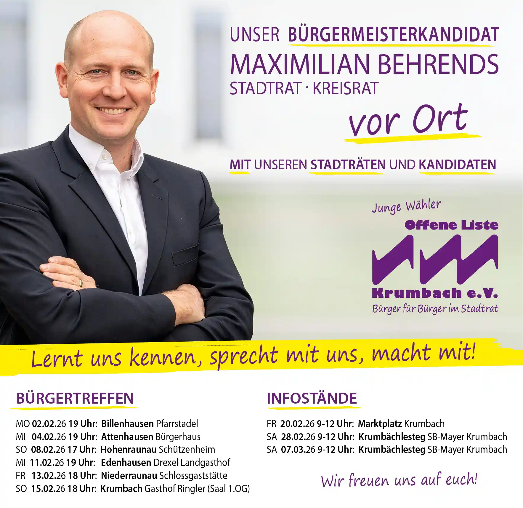 JW Offene Liste e. V. Bürgertreffen: Bürgermeisterkandidat Maximilian Behrends mit Stadträten und Kandidaten vor Ort in Krumbach, Attenhausen, Billenhausen, Edenhausen, Hohenraunau und Niederraunau